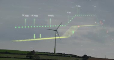 Kırsal kesimde rüzgar türbini ve finansal veri işleme animasyonu. Yenilenebilir enerji, sürdürülebilirlik, finans, teknoloji, yenilik