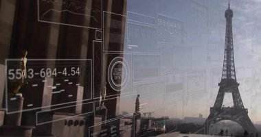 Eyfel Kulesi ve şehir manzarası üzerindeki dijital veri arayüzünü kaplayan animasyon. Teknoloji, yenilik, fütüristik, Fransa, mimari, kentsel
