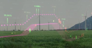 Rüzgâr türbinleri, finansal veri işleme animasyon örtüsüyle birlikte sahada. Yenilenebilir enerji, rüzgar gücü, teknoloji, sürdürülebilirlik, finans