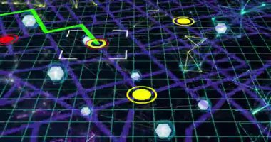 Parlak çizgiler ve semboller gelecekteki dijital harita arayüzünün animasyonunu oluşturuyor. teknoloji, siber, veri, ağ, sanal