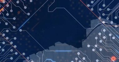 Soyut teçhizat ve grafik tasarımını kaplayan devre kartı deseninin animasyonu. Teknoloji, yenilik, mühendislik, makine, elektronik, dijital