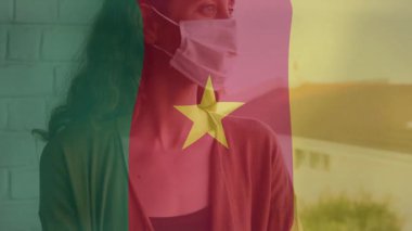 Kamerun bayrağı renginde bir maske takıyor ve yıldız, animasyon ortamında bir kadın. karakter, yüz maskesi, renkli, temsil, sanat eseri, sanatsal