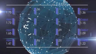 Geometrik küre üzerinde bağlantı ağı ve veri işleme animasyonu. Teknoloji, dijital, siber uzay, fütürist