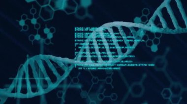 Bilimsel veriler, DNA dizisi ve ikili kodlama animasyonu işleniyor. Biyoteknoloji, genetik, moleküler, biyoenformatik, dijital, laboratuvar