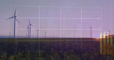 Finansal verileri ve grafikleri olan rüzgar türbinleri animasyonu örtüyor. Sürdürülebilirlik, enerji, yenilenebilirlik, güç, finans, teknoloji