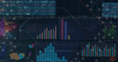 Devre kartı tasarımı, veri grafikleri ve grafiklerinin dijital animasyonu. Teknoloji, fütüristik, elektronik, yenilik