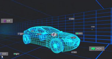 Veri analizi ve sosyal medya ikonları ile dijital araba modelinin animasyonu. Teknoloji, yenilik, fütüristik, ağ, otomobil, arayüz