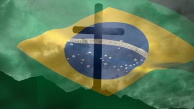 Brezilya bayrağını dağlık arazide bulutlu gökyüzü ile dalgalandırmak animasyon yaratır. dağlar, bulutlar, seyahat, doğa, manzara