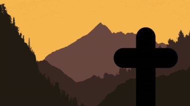 Dağ manzaralı siluet ve animasyon tarzında turuncu günbatımı gökyüzü. dağlar, maneviyat, doğa, ufuk, resimleme