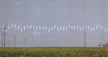 Rüzgar türbinleri veri işleme animasyon örtüsüyle alanda dönüyor. Yenilenebilir enerji, teknoloji, sürdürülebilirlik, çevre, yenilik
