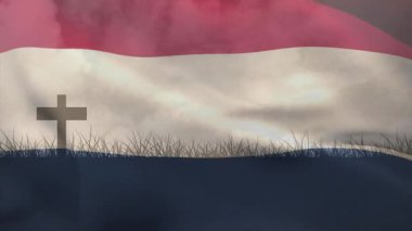 Kırmızı, beyaz, mavi çizgili dalgalı bayrak, çapraz siluet ve çimen animasyonu. Vatanseverlik, milliyetçilik, amblem, özgürlük, kutlama, gurur