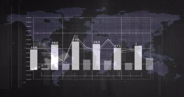 Dünya haritası üzerinde çubuk grafikleri olan küresel finansal verileri gösteren animasyon. Maliye, ekonomi, analitik, istatistik, iş, ticaret