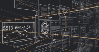 Okulda, analitiği gösteren turuncu çizgileri olan dijital veri panellerinin animasyonu. Teknoloji, fütüristik, yenilik, bilgi, sanal arayüz