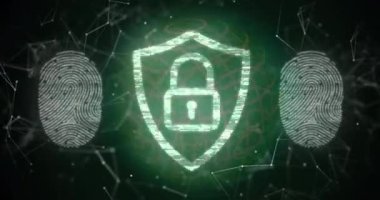 Dijital animasyon, parmak izi kalıpları ve ağ bağlantılarıyla kalkanı gösteriyor. Siber güvenlik, koruma, teknoloji, tanımlama, veri, gizlilik