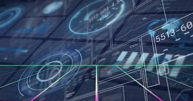 Dijital arayüzdeki geometrik desenlerle birlikte geleceksel veri görselleştirmelerinin animasyonu. Teknoloji, yenilik, siber, analitik