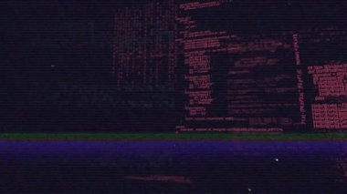 Ekran arka planında kırmızı ve mavi çizgiler olan hatalı dijital kod animasyonu. Soyut, teknoloji, fütüristik, siber, kalıp, matris