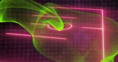 Pembe geometrik şebeke üzerinde akan neon yeşil dalga deseni animasyonu. Soyut, dijital, fütüristik, siber, retro, canlı