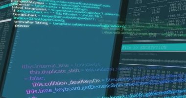 Dijital ekran arayüzünü kaplayan bilgisayar kodu ve şifreleme verilerinin animasyonu. teknoloji, siber güvenlik, programlama, kodlama, yazılım, ağ