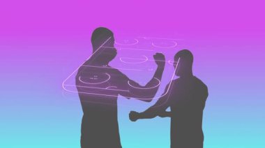 Dijital animasyonla etkileşim, renkli gradyan hokey pistinde siluetler. soyut