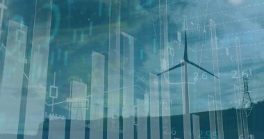 Rüzgar türbini üzerinde şema ve veri işleme görüntüsü. Ekoloji ve dijital arayüz kavramı dijital olarak oluşturulmuş görüntü.