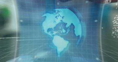 Test tüpü üzerinde veri işleme ve küre görüntüsü. Küresel bilim ve dijital arayüz kavramı dijital olarak oluşturulmuş görüntü.