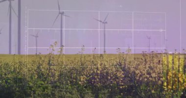 Finansal verileri ve grafikleri olan rüzgar türbinleri animasyonu örtüyor. Sürdürülebilirlik, yenilenebilirlik, enerji, yeşil, güç, teknoloji
