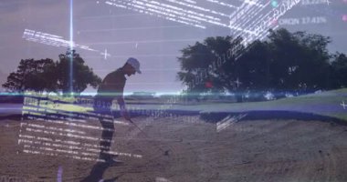 Salıncak hazırlama, golfçü dijital veri animasyonu ve ikili kod örtüsü. teknoloji, analitik, spor, sanal, yenilik