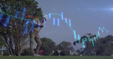 Sallanan kulüp, finansal veri tabloları olan golfçü animasyon sahnesi hazırlıyor. finans, yatırım, strateji, analiz, iş, spor