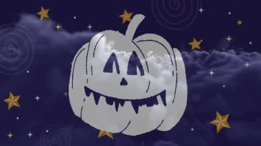 Gece gökyüzü arka planında yıldızlı gülümseyen balkabağı animasyonu. Cadılar Bayramı, şenlikli, ürkütücü, çizgi film, pırıltılı, kutlama