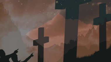 Yıldızlı gökyüzü ve dağ manzaralı haçları gösteren, animasyonu izleyen biri. Gece, astronomi, dağlar, siluet, yıldızlara bakma, göksel