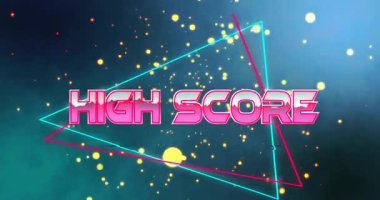 Neon üçgenli yüksek puanlı animasyon ve koyu arkaplanda parlayan parçacıklar. Soyut, fütüristik, dijital, teknoloji, dinamik, canlı