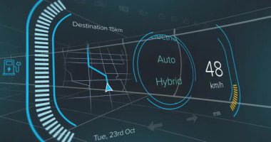 Gösterge paneli navigasyon ve hızı gösteriyor, gelecekteki elektrikli araba animasyonu. teknoloji, yenilik, dijital, arayüz, araç