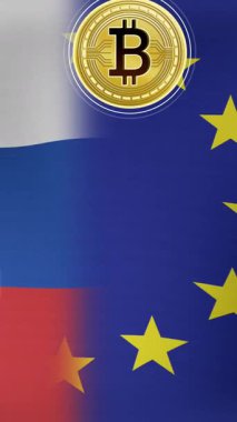 Rusya ve eu bayrağı üzerinde bitcoin sembolünün animasyonu. Ukrayna krizi ve uluslararası politika kavramı dijital olarak oluşturuldu.