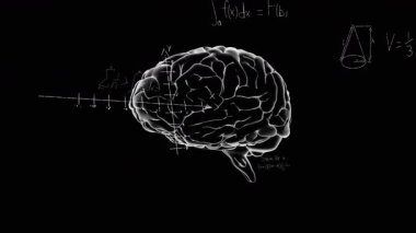 Siyah arkaplanda matematiksel denklemlerle parlayan beynin animasyonu. Yapay zeka, yenilik, teknoloji, nörobilim, hesaplama, analitik