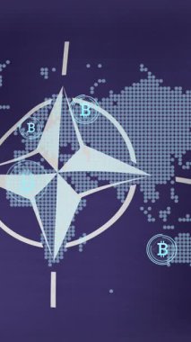 Bitcoin sembolünün animasyonu ve NATO bayrağı üzerinde dünya haritası. Ukrayna krizi ve uluslararası politika kavramı dijital olarak oluşturuldu.