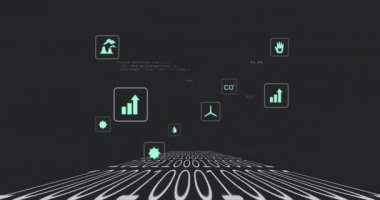 Veri işleme teknolojisini gösteren ikili kod ve dijital simgelerin animasyonu. ağ, sanal, geleceksel, yenilik