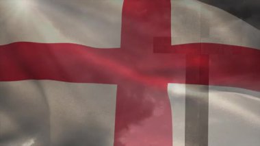 Animasyondaki şeffaf kumaştan görünen bulutlu gökyüzü ile İngiltere bayrağı sallıyordu. Vatanseverlik, kutlama, ulusal, birleşik