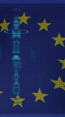eu bayrağı üzerinde füze ile dijital arayüzün animasyonu. Ukrayna krizi, güncel ilişkiler, politika ve küresel ekonomi konsepti dijital olarak oluşturulmuş video.
