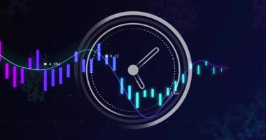 Yükselen trend çizgileriyle finans tablosunu kaplayan dairesel ölçüm animasyonu. Finans, analiz, veri, yatırım, büyüme, ilerleme