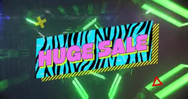 Zebra desenli arka plan üzerine büyük bir satış metni olan neon ışıkları animasyon yaratır. Promosyon, pazarlama, reklam, indirim, canlı, modern