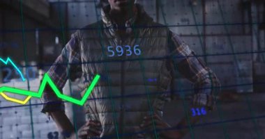 Güvenle ayakta duran, finansal grafik ve veri animasyonuna sahip iş kadını. finans, başarı, teknoloji, analitik, şirket, liderlik