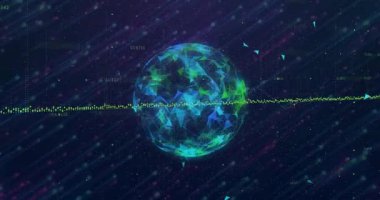 Karanlık arka planda veri noktaları ve geometrik şekilli dijital kürenin animasyonu. Global, network, futuristik, teknoloji, yenilik, sanal