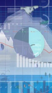 Mavi arkaplanda veri ve grafiklerin animasyonu. küresel veri işleme ve teknoloji konsepti dijital olarak oluşturulmuş video.