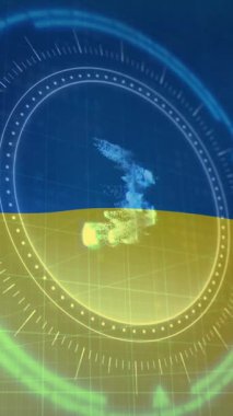 Ukrayna bayrağı üzerinde dürbün taraması ve Nft sembolü animasyonu. Ukrayna krizi ve uluslararası politika kavramı dijital olarak oluşturuldu.