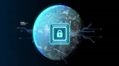Dijital kilit simgesi ve veri işleme animasyonu uzayda Dünya üzerinde. Siber güvenlik, teknoloji, bağlantı, ağ, küresel koruma