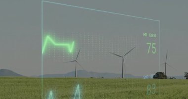 Dijital sağlık verileri animasyonu kaplayan rüzgar türbinleri. Yenilenebilir enerji, gelecek, sürdürülebilirlik, yenilik, çevre