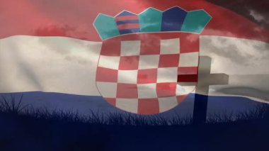 Arma armalı Hırvat bayrağı sallamak, çimenli alanda siluet yaratmak. Vatanseverlik, ulusal, amblem, sembolizm, miras, gurur