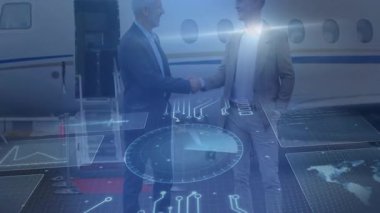 İş adamları özel jetin üzerinde dijital arayüz animasyonuyla el sıkışıyor. Tokalaşma, teknoloji, havacılık, lüks, ortaklık, fütüristik
