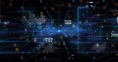 Sayılar ve geometrik şekillerle dijital ağ işleme verilerinin animasyonu. teknoloji, bağlantı, gelecek, hesaplama, bilgi, iletişim