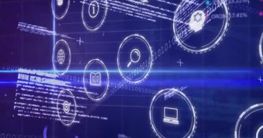 Mavi teknolojik arkaplan üzerinde dijital simgeler ve ikili kod animasyonu. Teknoloji, veri, kodlama, geleceksel, ağ